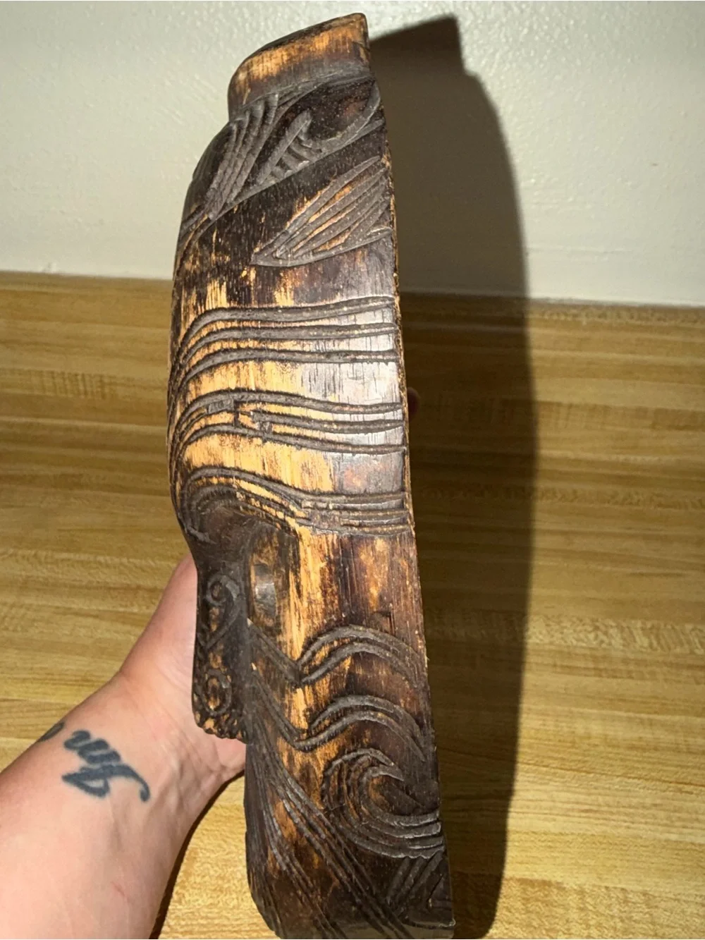 Hand Carved Wood Maori Upoko Head Artisan Wall‎ Decor NZ 10.5